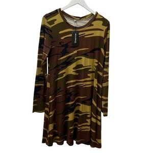 NWT Tee Dress Medium Long Sleeve Olive Green Camo Rayon Knit Knee Length